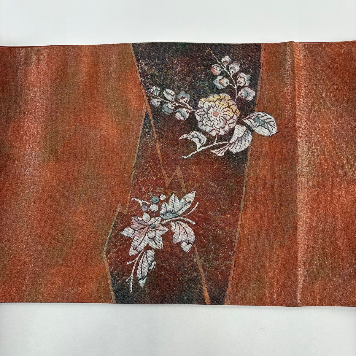 【美品】 袋帶 秀品級 辻花染圖案 波頭 金金箔 茜 純蠶絲