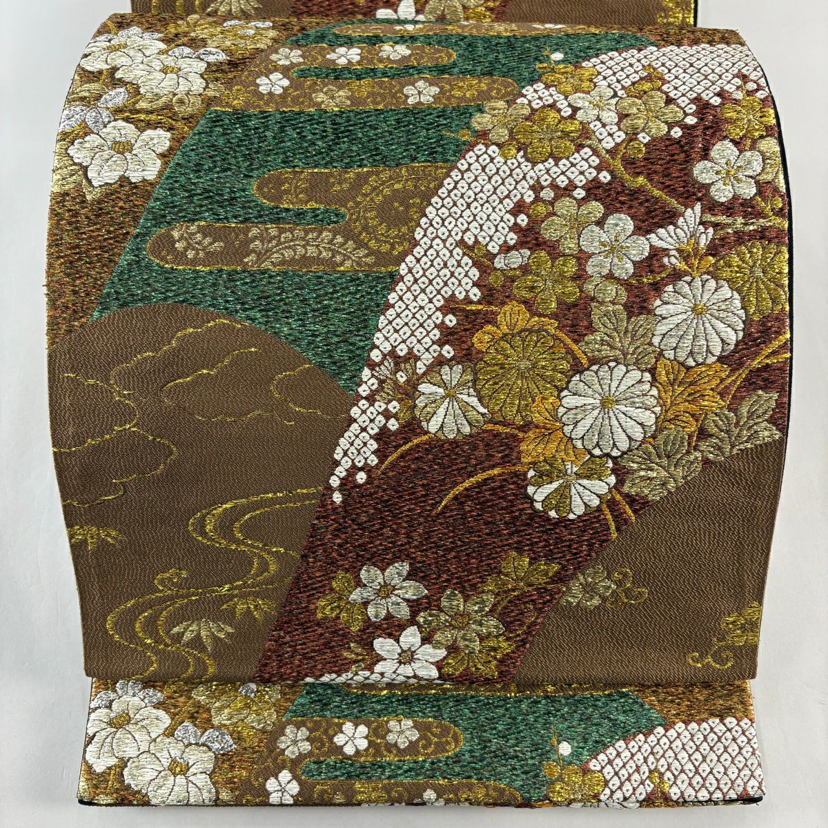 袋帶 秀品級 山並梅花菊花紋 霞 金金箔 茶 六通 純蠶絲