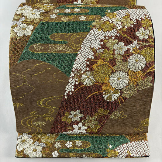 袋帶 秀品級 山並梅花菊花紋 霞 金金箔 茶 六通 純蠶絲