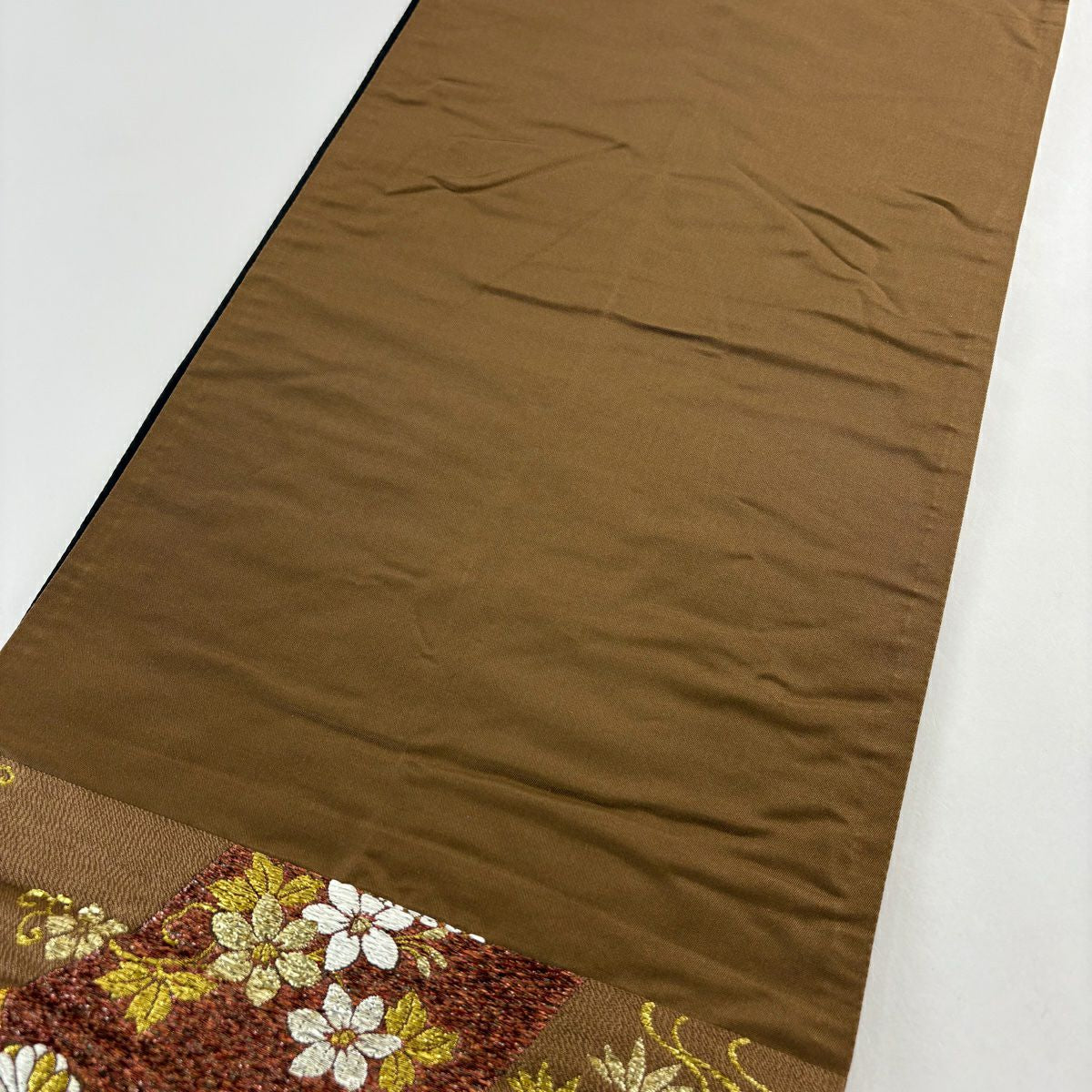 袋帶 秀品級 山並梅花菊花紋 霞 金金箔 茶 六通 純蠶絲