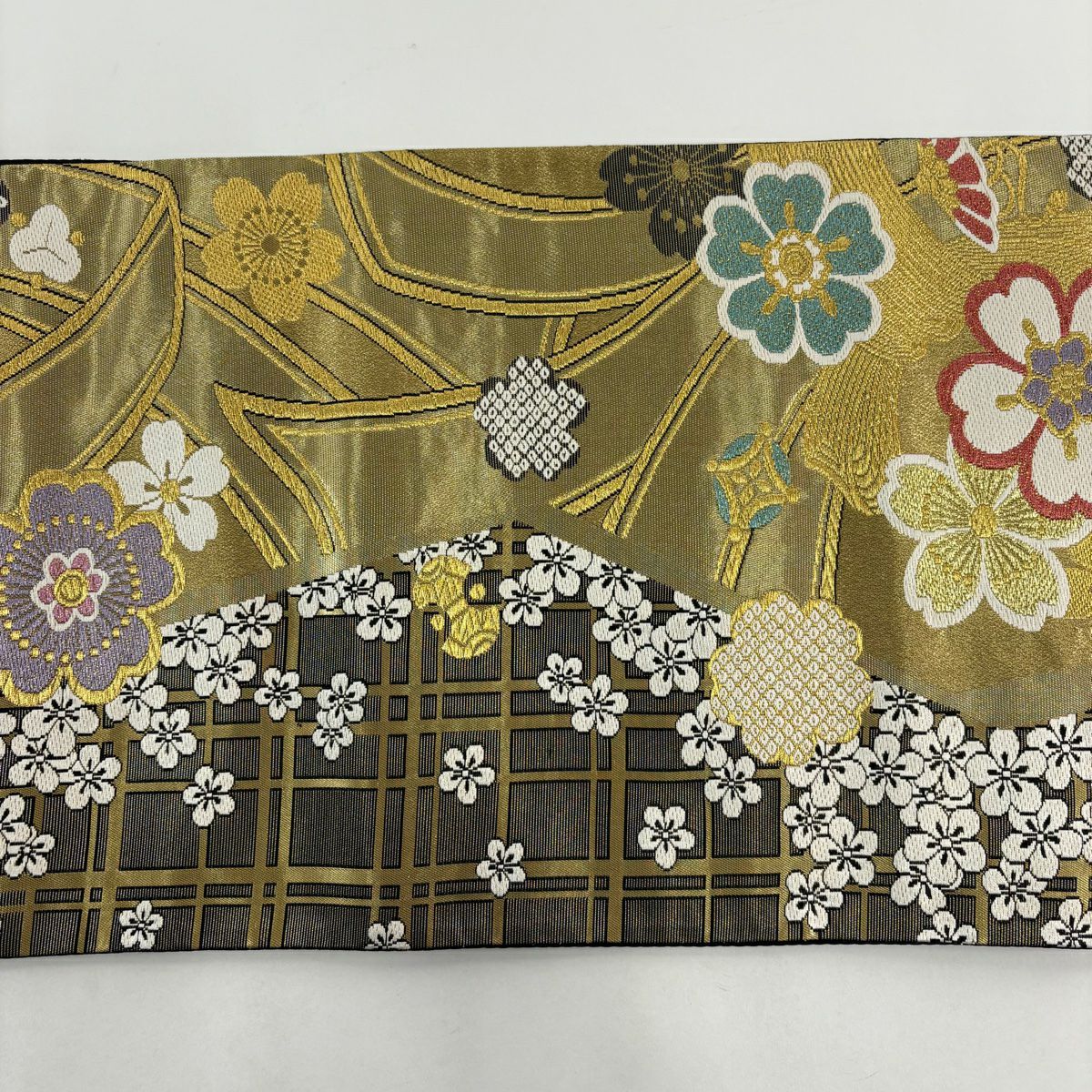 袋帶 秀品級櫻花 束捲金絲 金金箔 金色 六通 純蠶絲