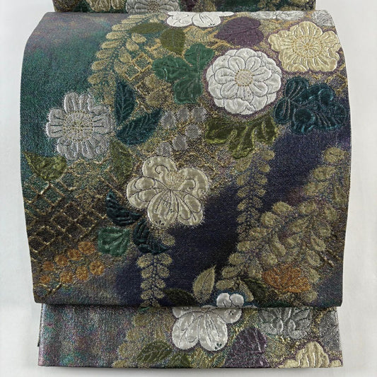 【美品】 袋帶 優品級 辻花染圖案 紫藤 金銀彩 金金箔 灰紫 六通 純蠶絲