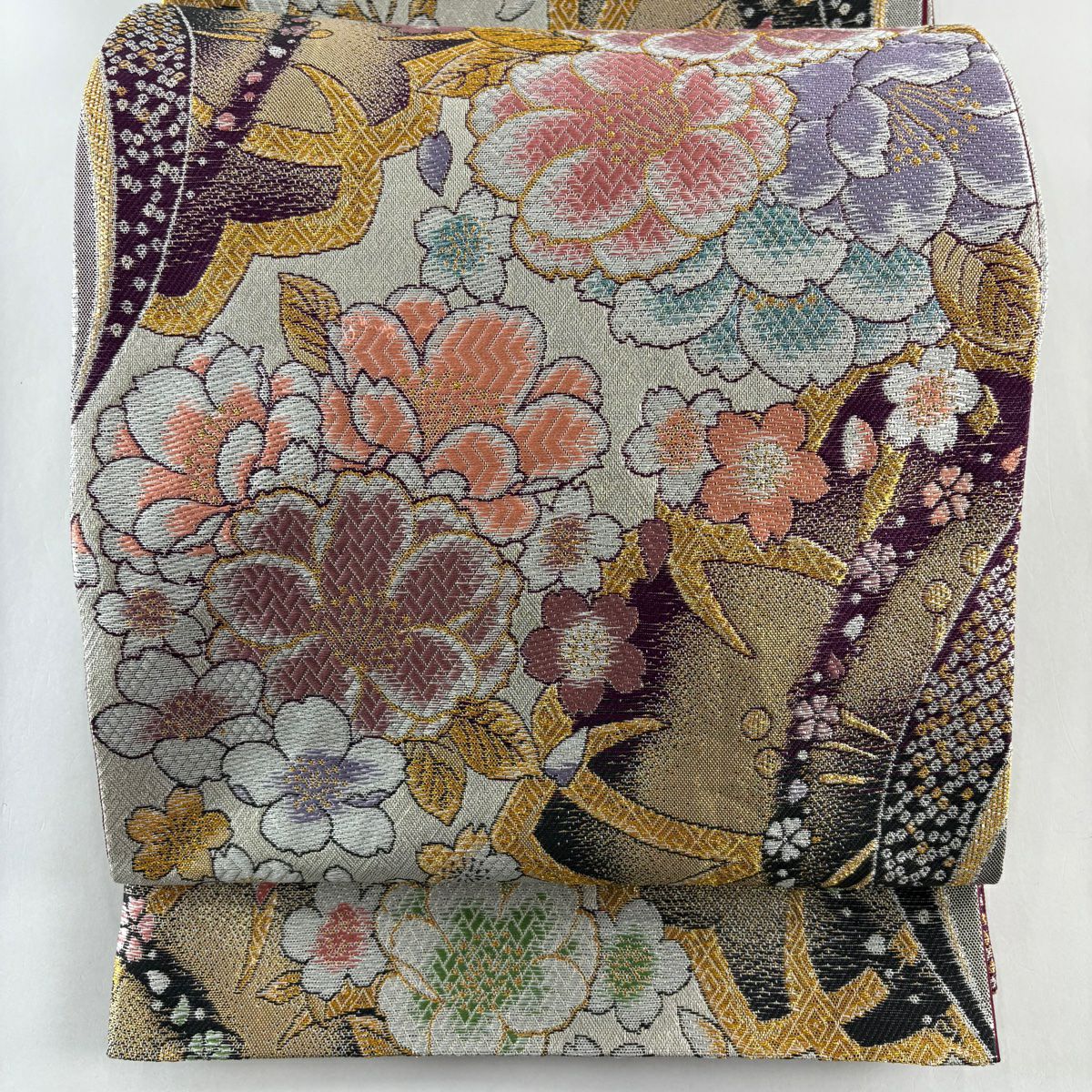 【美品】 袋帶 秀品級 樱花 疋田紋 金絲 金金箔 紫色 六通 純蠶絲