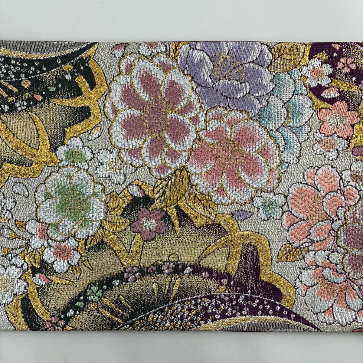 【美品】 袋帶 秀品級 樱花 疋田紋 金絲 金金箔 紫色 六通 純蠶絲