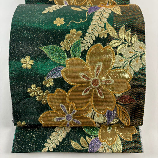 袋帶 秀品級 振袖禮服禮服用 櫻花 藤 金絲 金金箔 綠 六通 純蠶絲