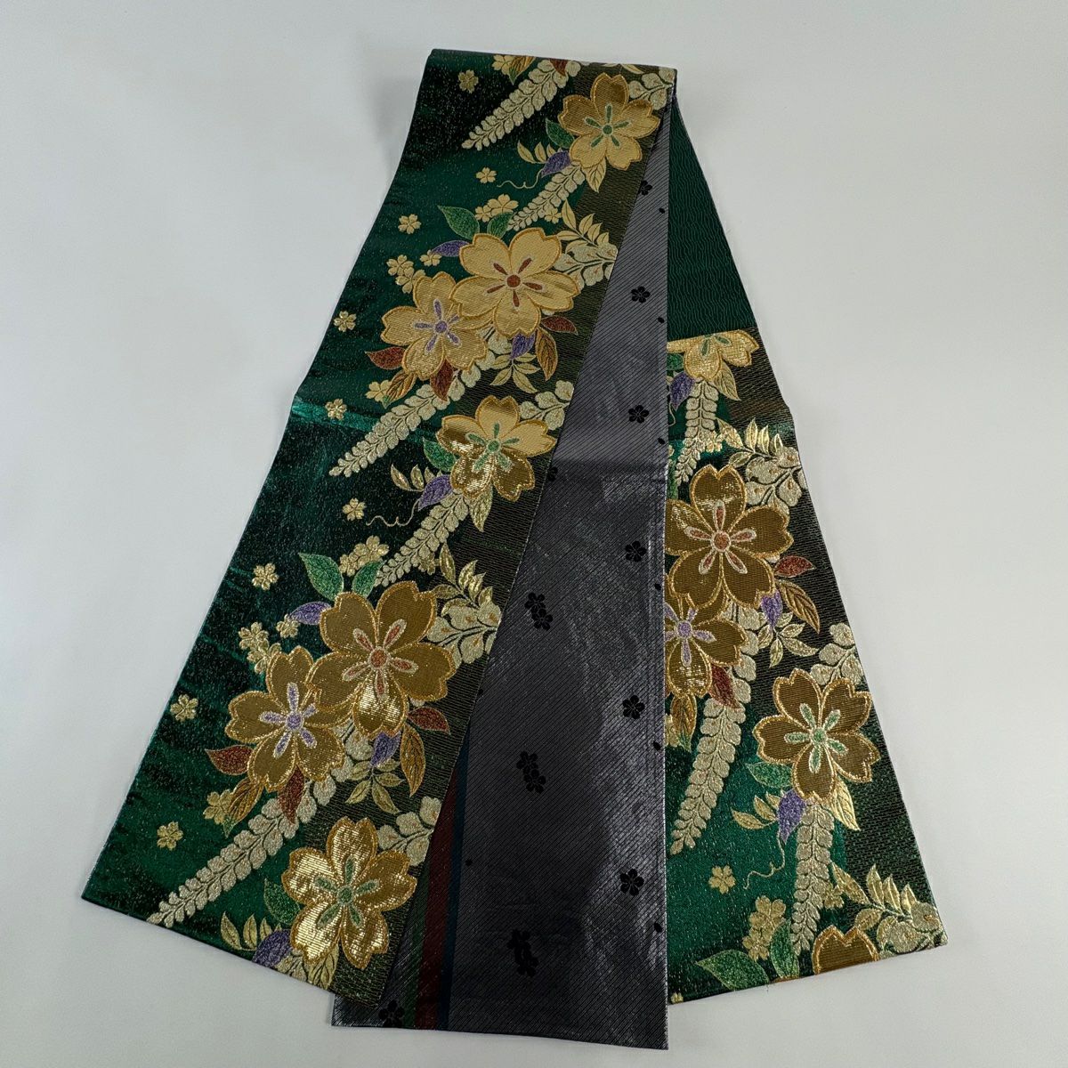 袋帶 秀品級 振袖禮服禮服用 櫻花 藤 金絲 金金箔 綠 六通 純蠶絲