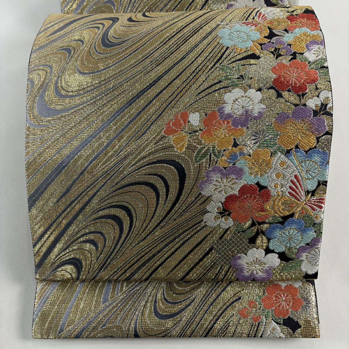 【美品】 袋帶 秀品級櫻花 蝴蝶 金銀彩 金色 六通 純蠶絲