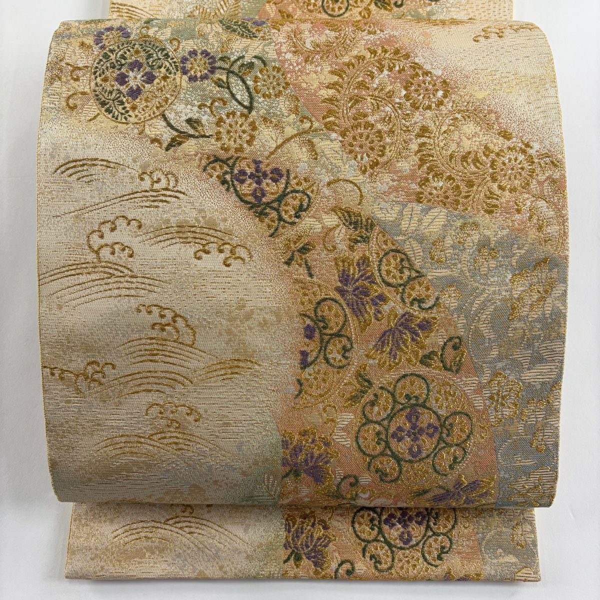 【美品】 袋帶 秀品級 草花紋紋 波 金絲 金金箔 金色 六通 純蠶絲