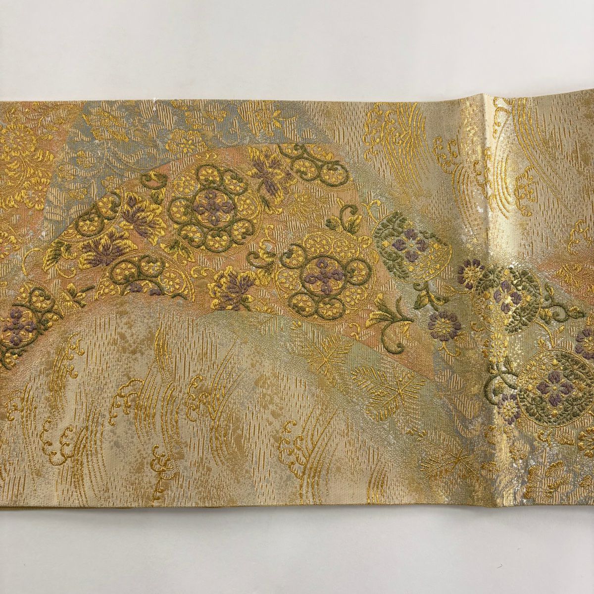 【美品】 袋帶 秀品級 草花紋紋 波 金絲 金金箔 金色 六通 純蠶絲