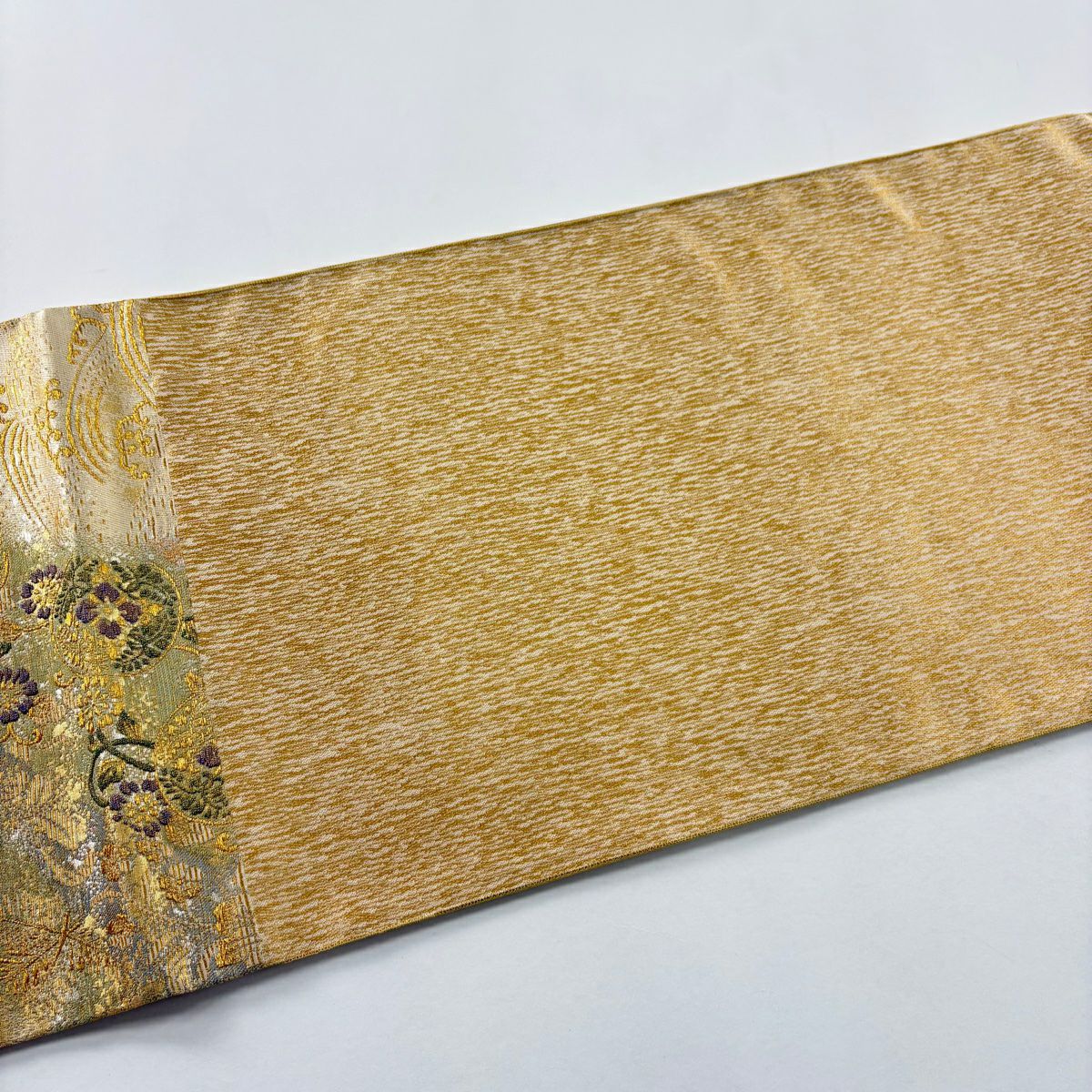 【美品】 袋帶 秀品級 草花紋紋 波 金絲 金金箔 金色 六通 純蠶絲