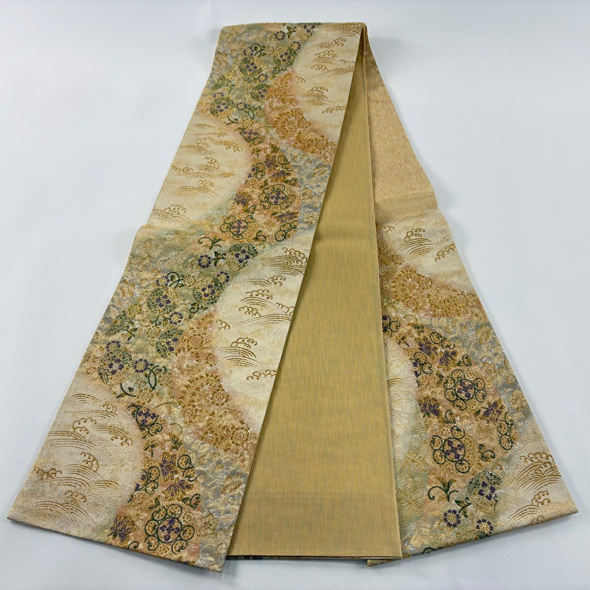【美品】 袋帶 秀品級 草花紋紋 波 金絲 金金箔 金色 六通 純蠶絲