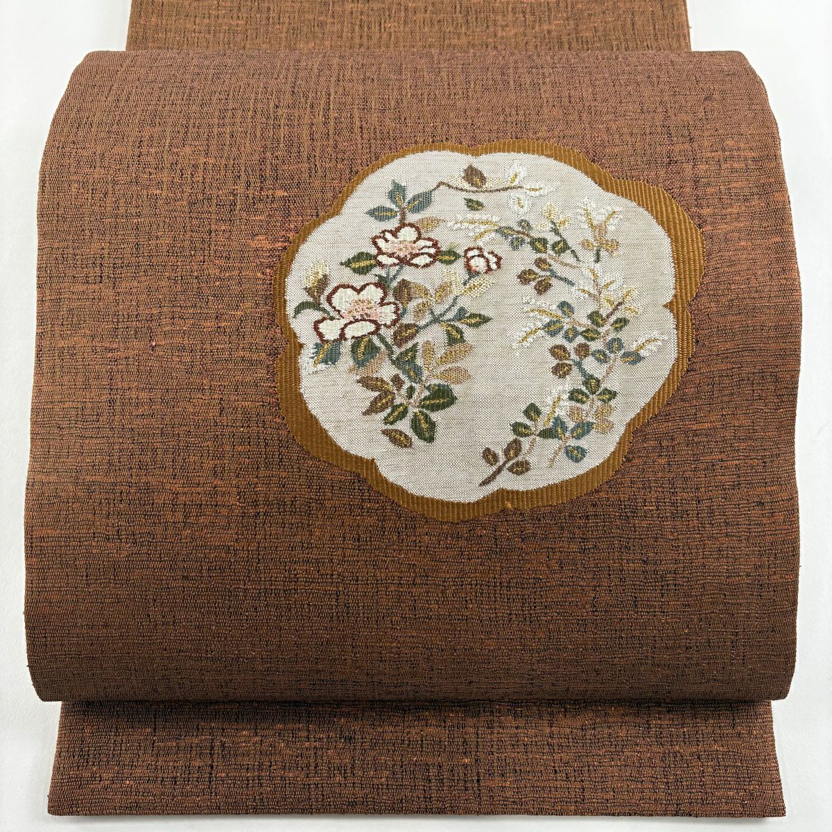 【美品】 袋帶 秀品級 夏帶 椿 萩 金金箔 紅茶 大鼓圖案 純蠶絲