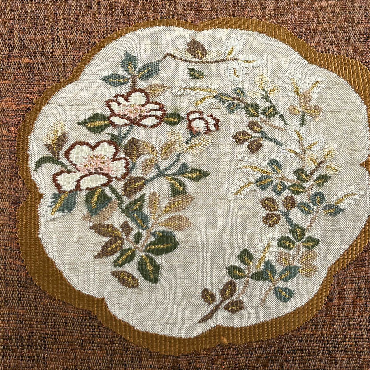 【美品】 袋帶 秀品級 夏帶 椿 萩 金金箔 紅茶 大鼓圖案 純蠶絲