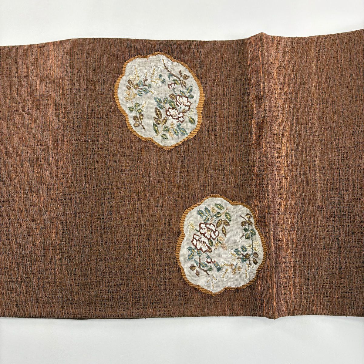 【美品】 袋帶 秀品級 夏帶 椿 萩 金金箔 紅茶 大鼓圖案 純蠶絲