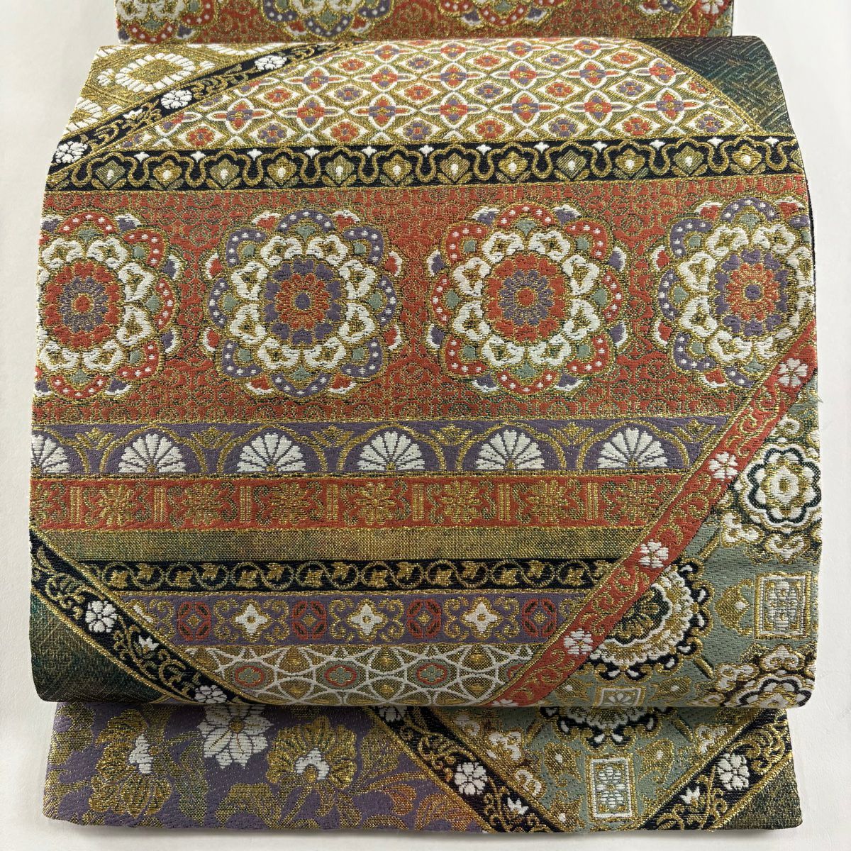 【美品】 袋帶 秀品級 華紋 花唐草紋 金絲 金金箔 灰綠 六通 純蠶絲