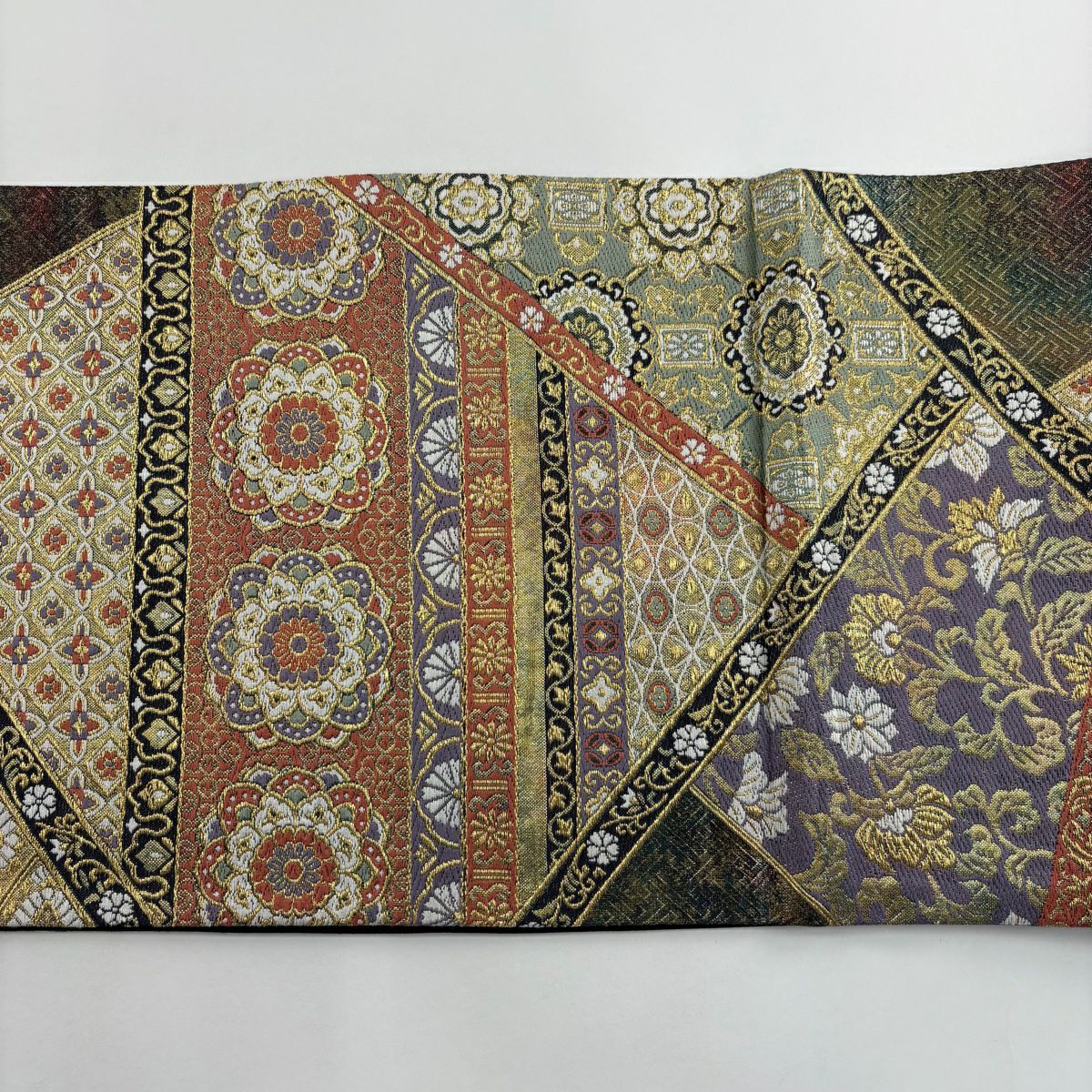 【美品】 袋帶 秀品級 華紋 花唐草紋 金絲 金金箔 灰綠 六通 純蠶絲