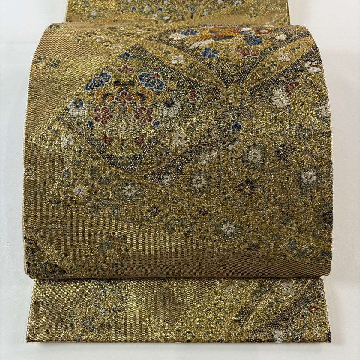 袋帶 秀品級 鳥 草花紋 金絲 金金箔 金色 六通 純蠶絲