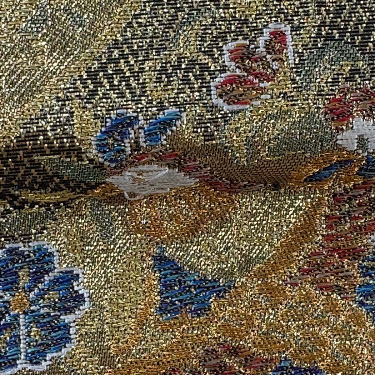 袋帶 秀品級 鳥 草花紋 金絲 金金箔 金色 六通 純蠶絲
