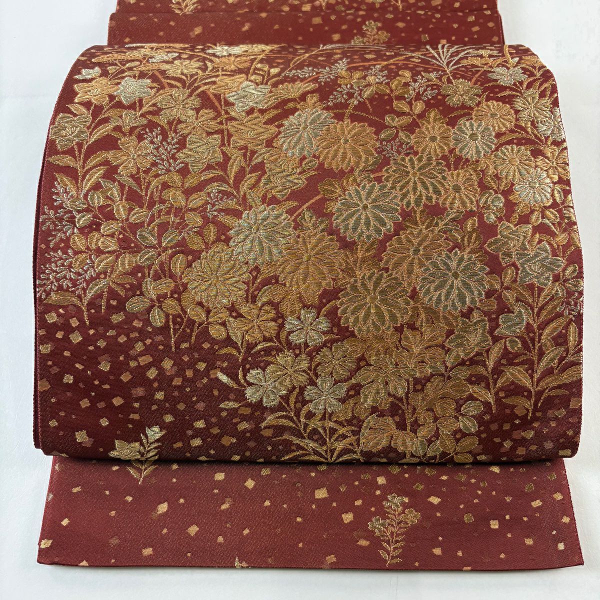 【美品】 袋帶 秀品級 花井幸子 落款 秋草 金金箔散佈 金銀絲 金箔 紅 六通 純蠶絲
