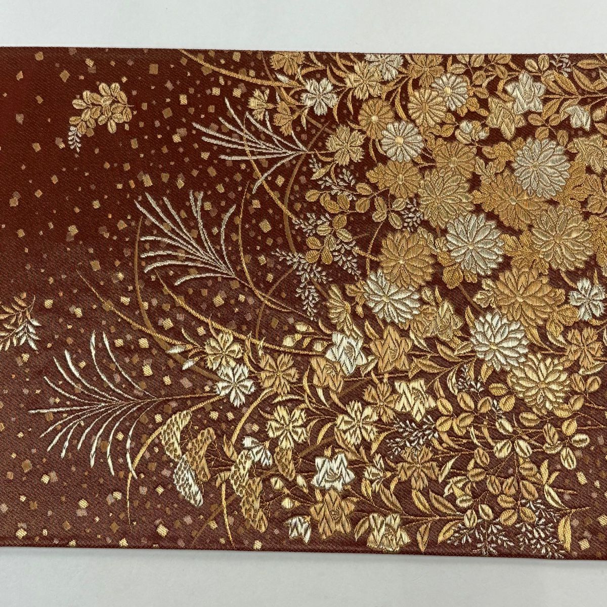 【美品】 袋帶 秀品級 花井幸子 落款 秋草 金金箔散佈 金銀絲 金箔 紅 六通 純蠶絲