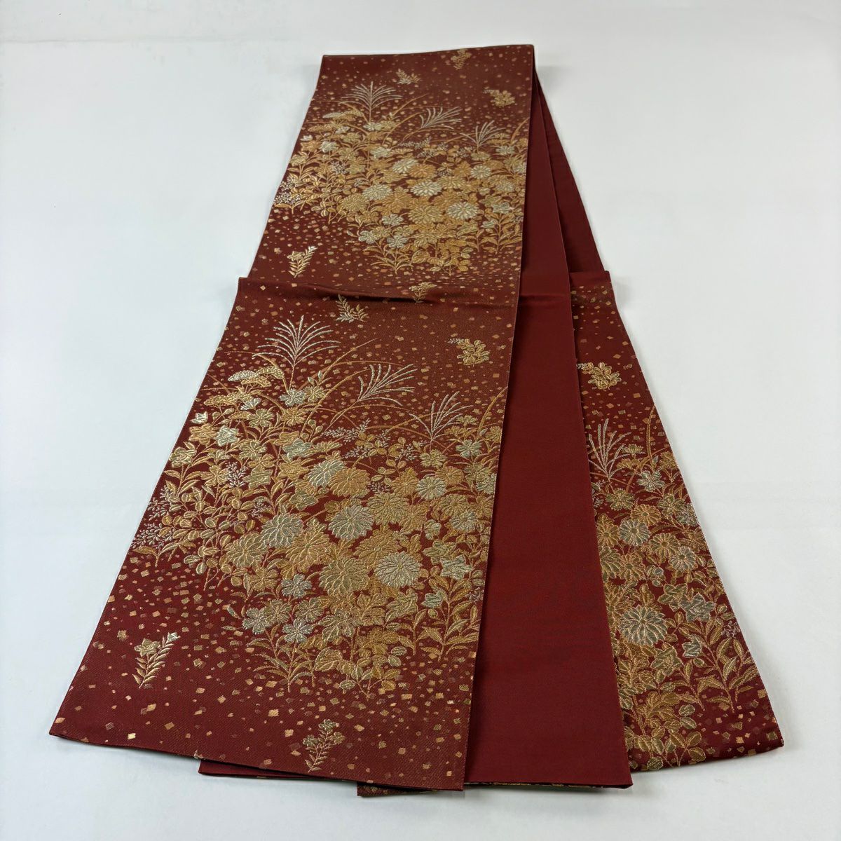 【美品】 袋帶 秀品級 花井幸子 落款 秋草 金金箔散佈 金銀絲 金箔 紅 六通 純蠶絲
