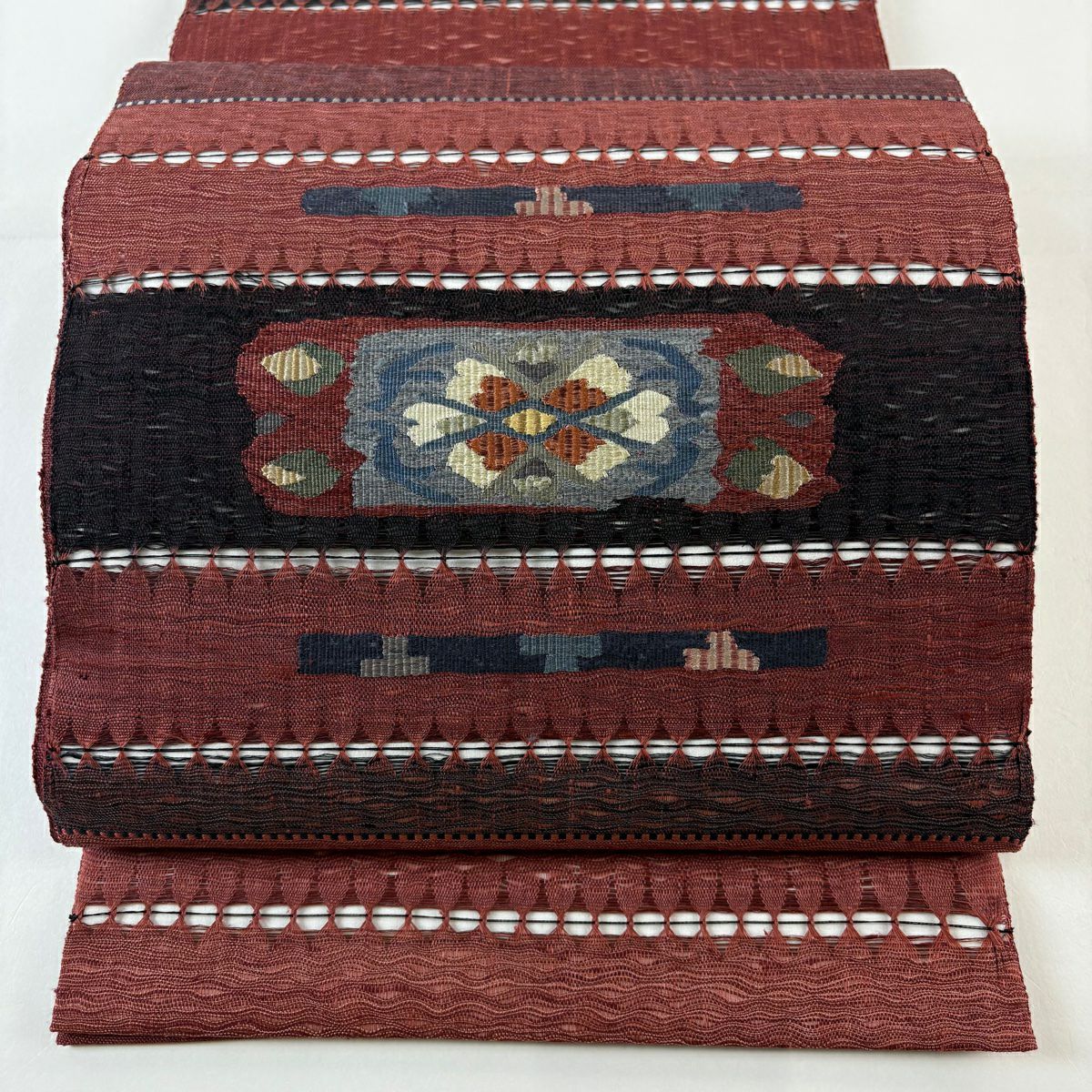 【美品】 袋帶 秀品級 花 縞 小豆 深藍色 お太鼓圖案 純蠶絲