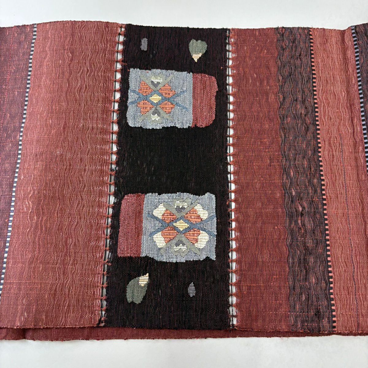【美品】 袋帶 秀品級 花 縞 小豆 深藍色 お太鼓圖案 純蠶絲