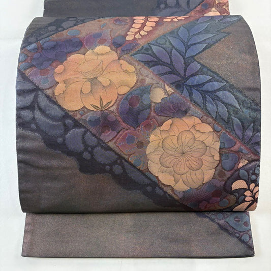 【美品】 袋帶 優品級 辻花染圖案 幾何圖案 金絲 金金箔 灰紫色 大鼓圖案 純蠶絲