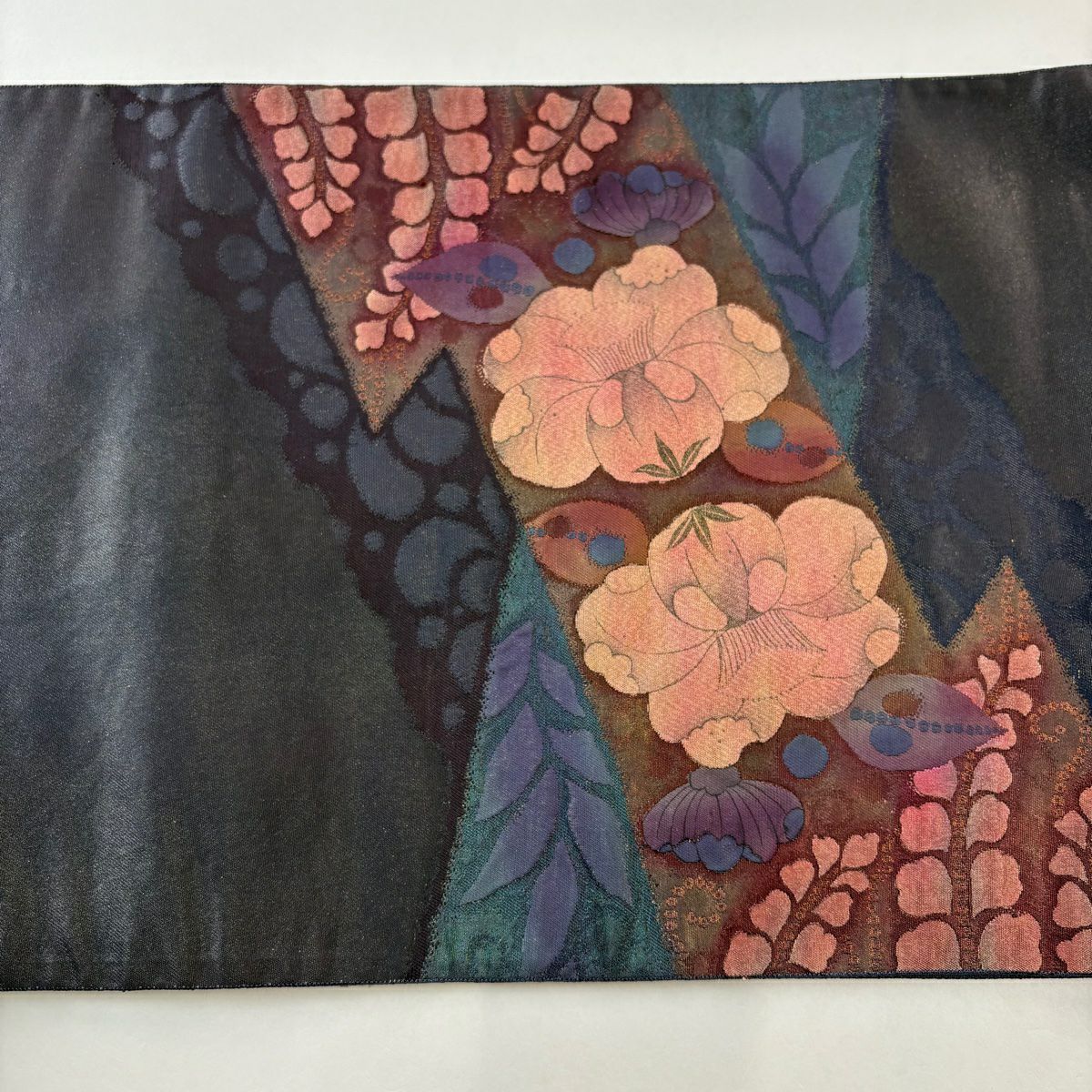 【美品】 袋帶 優品級 辻花染圖案 幾何圖案 金絲 金金箔 灰紫色 大鼓圖案 純蠶絲