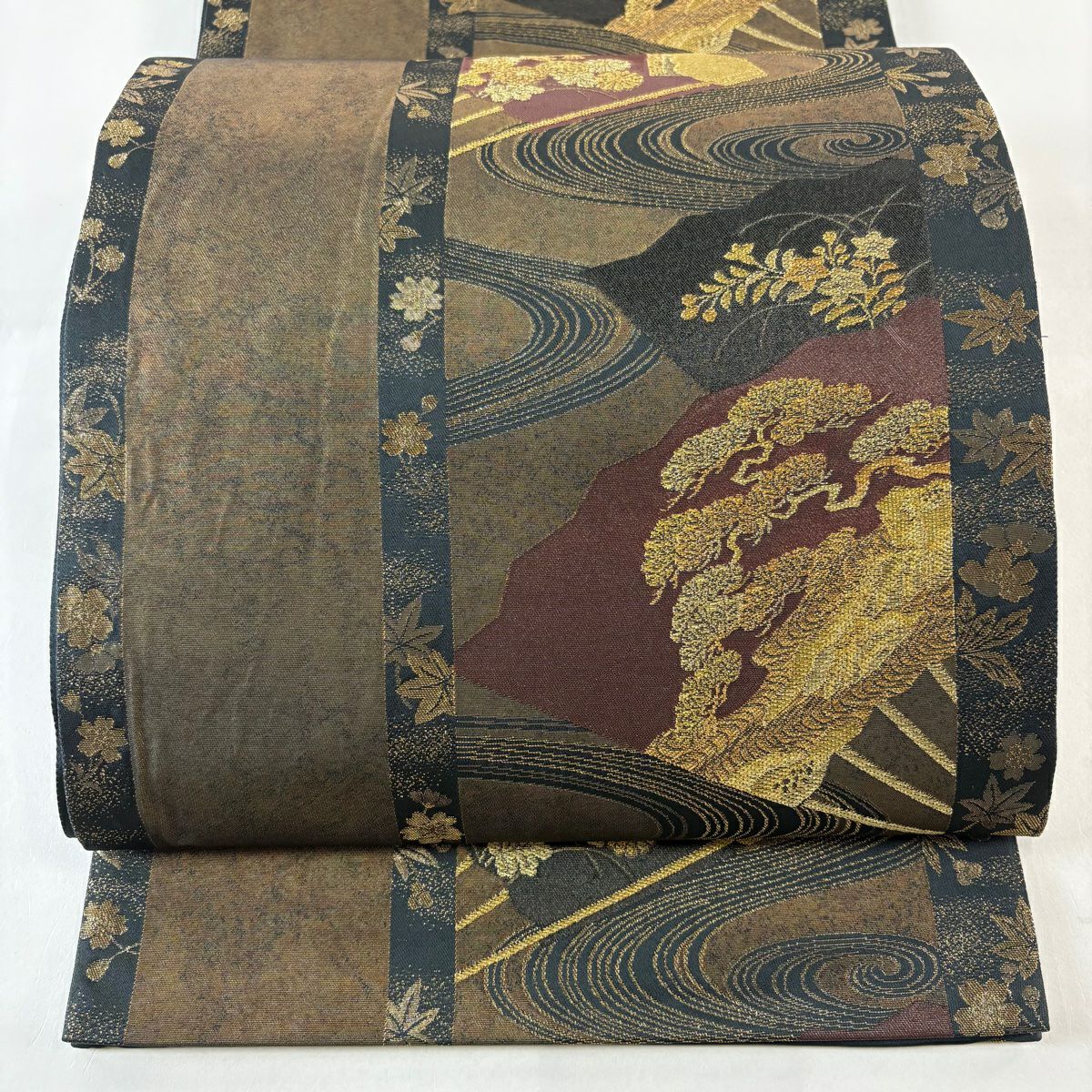 【美品】 袋帶 秀品級 扇子面 流水 金絲 金金箔 金茶 六通 純蠶絲