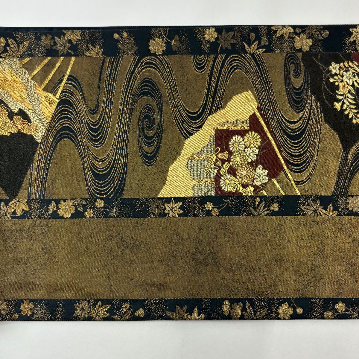 【美品】 袋帶 秀品級 扇子面 流水 金絲 金金箔 金茶 六通 純蠶絲