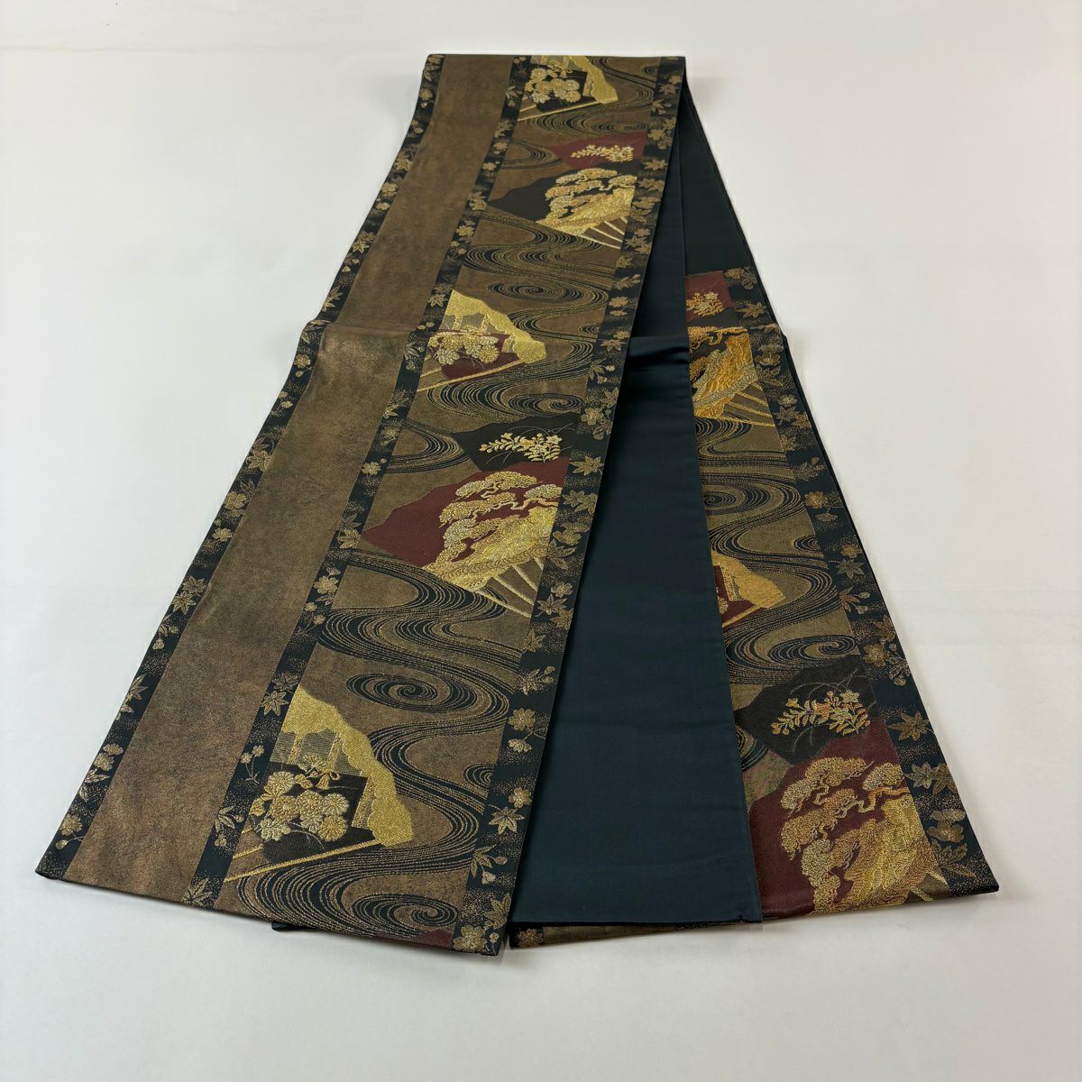 【美品】 袋帶 秀品級 扇子面 流水 金絲 金金箔 金茶 六通 純蠶絲