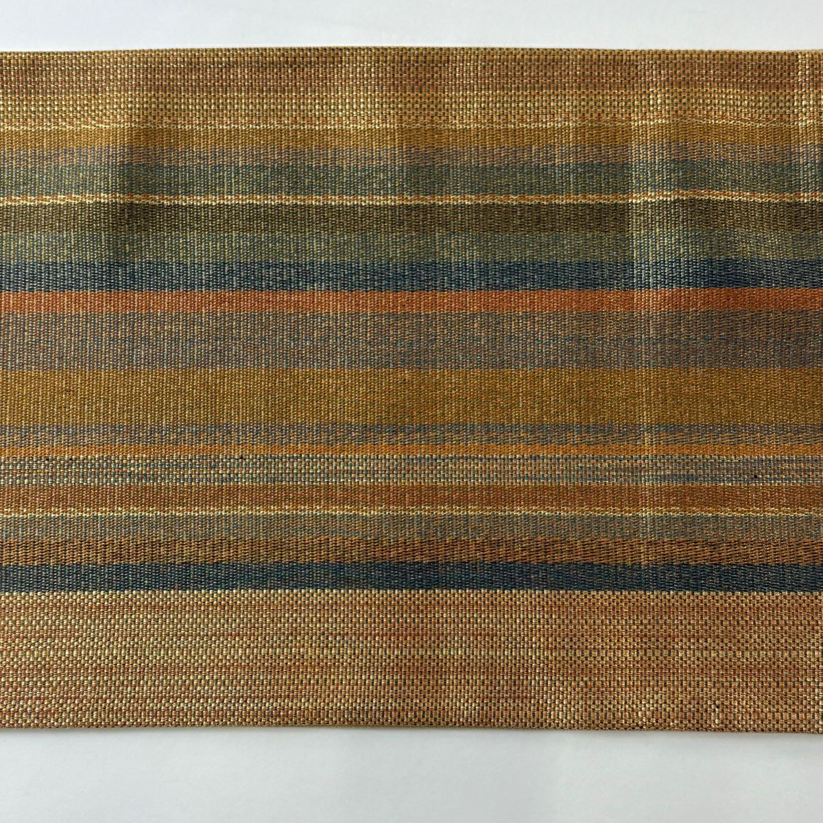 【美品】 袋帶 秀品級 縞 幾何學 金絲 山吹茶 紅太鼓圖案 純蠶絲