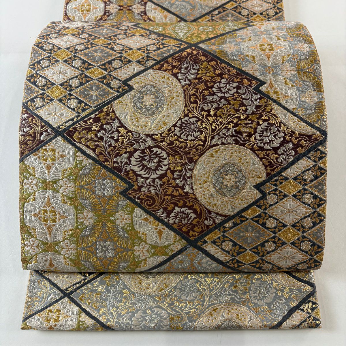 【美品】 袋帶 秀品級 花唐草紋 松樹皮菱 金銀線 金金箔 抹茶 深綠 六通 純蠶絲