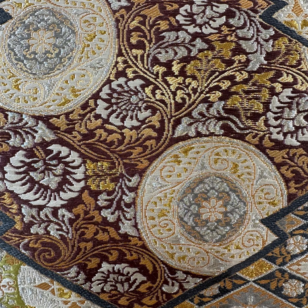 【美品】 袋帶 秀品級 花唐草紋 松樹皮菱 金銀線 金金箔 抹茶 深綠 六通 純蠶絲