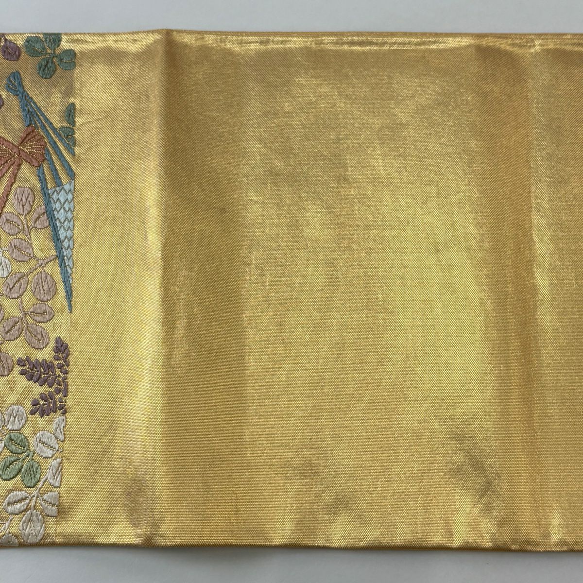 【美品】 袋帶 秀品級 扇子子 萩花 金金箔 金色 六通 純蠶絲