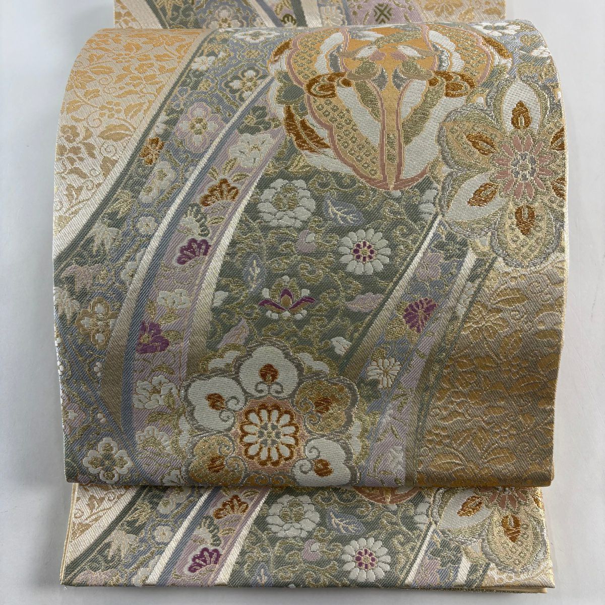 【美品】 袋帶 秀品級 向鳥 草花紋 金銀絲 金金箔 金色 六通 純蠶絲