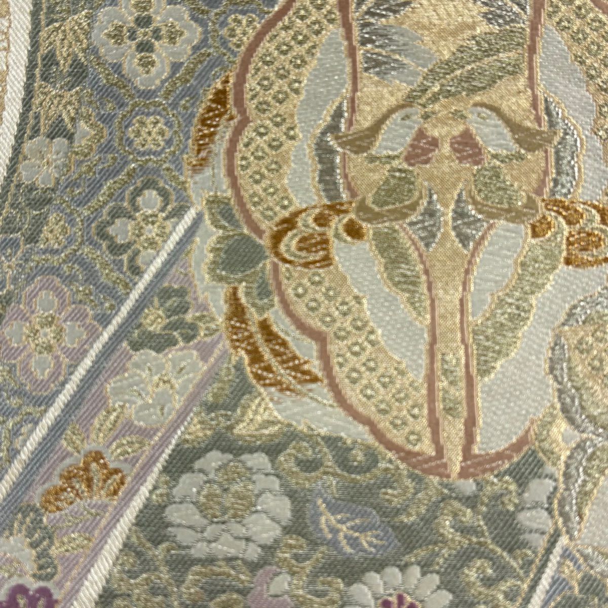 【美品】 袋帶 秀品級 向鳥 草花紋 金銀絲 金金箔 金色 六通 純蠶絲