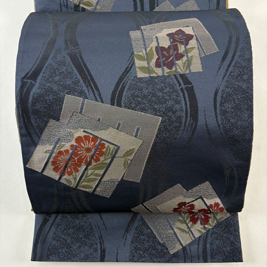 【美品】 袋帶 名古屋帶 秀品級 源氏香 草花紋紋 金糸 深藍 化纖