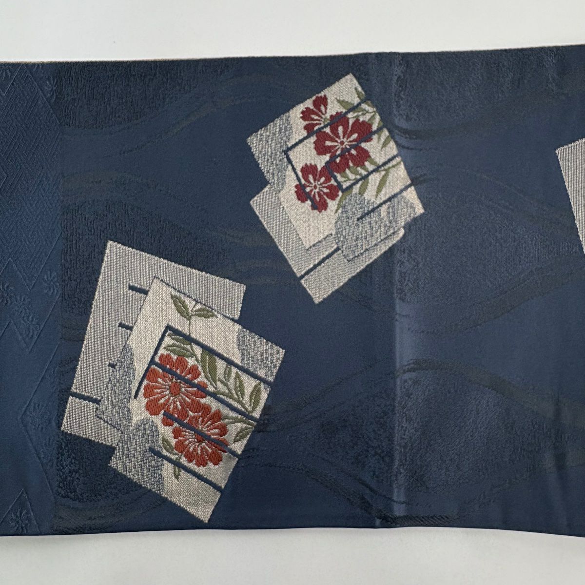 【美品】 袋帶 名古屋帶 秀品級 源氏香 草花紋紋 金糸 深藍 化纖
