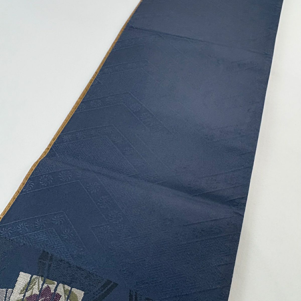 【美品】 袋帶 名古屋帶 秀品級 源氏香 草花紋紋 金糸 深藍 化纖