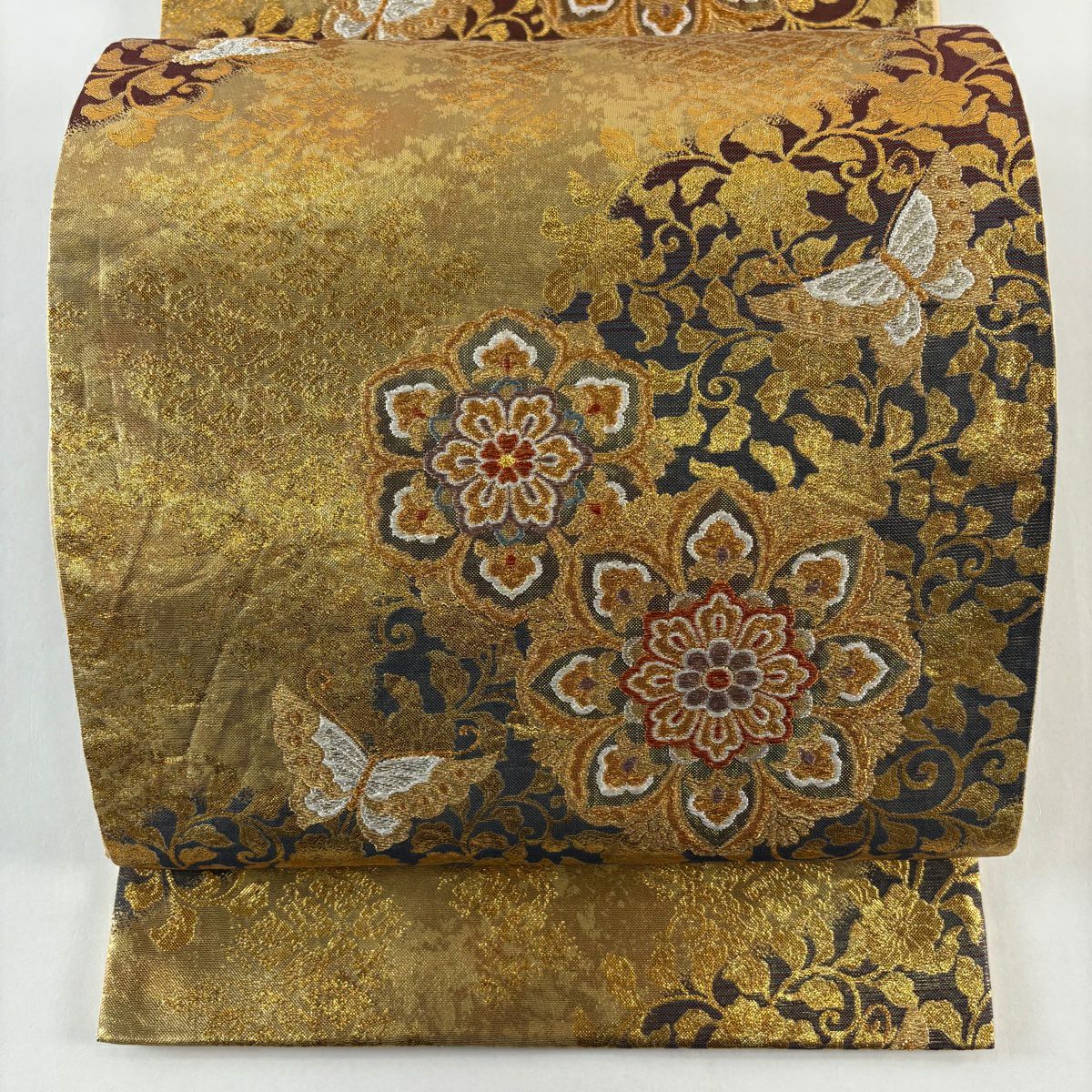 【美品】 袋帶 秀品級 華紋 蝶 金金箔 金銀彩 金色 六通 純蠶絲