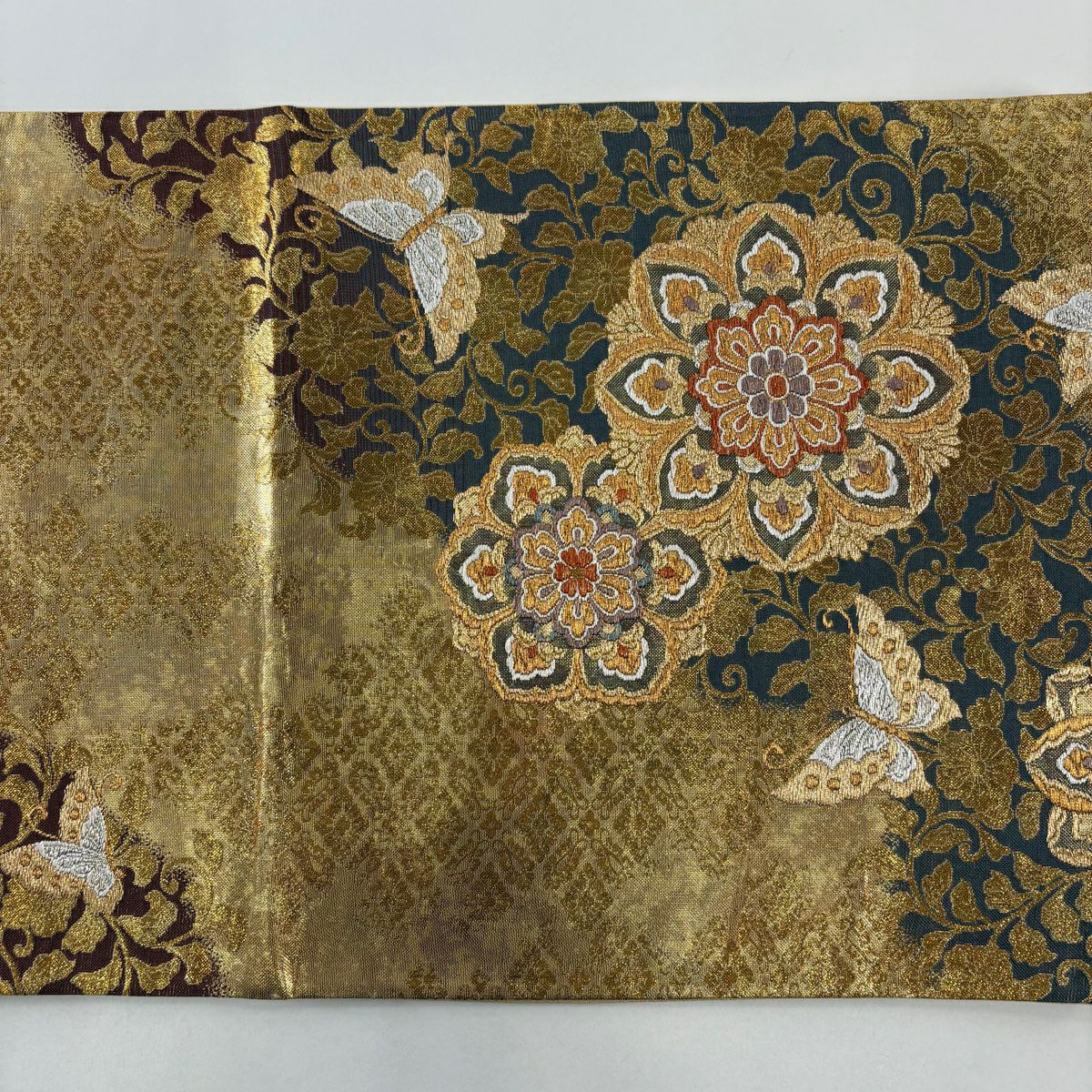 【美品】 袋帶 秀品級 華紋 蝶 金金箔 金銀彩 金色 六通 純蠶絲