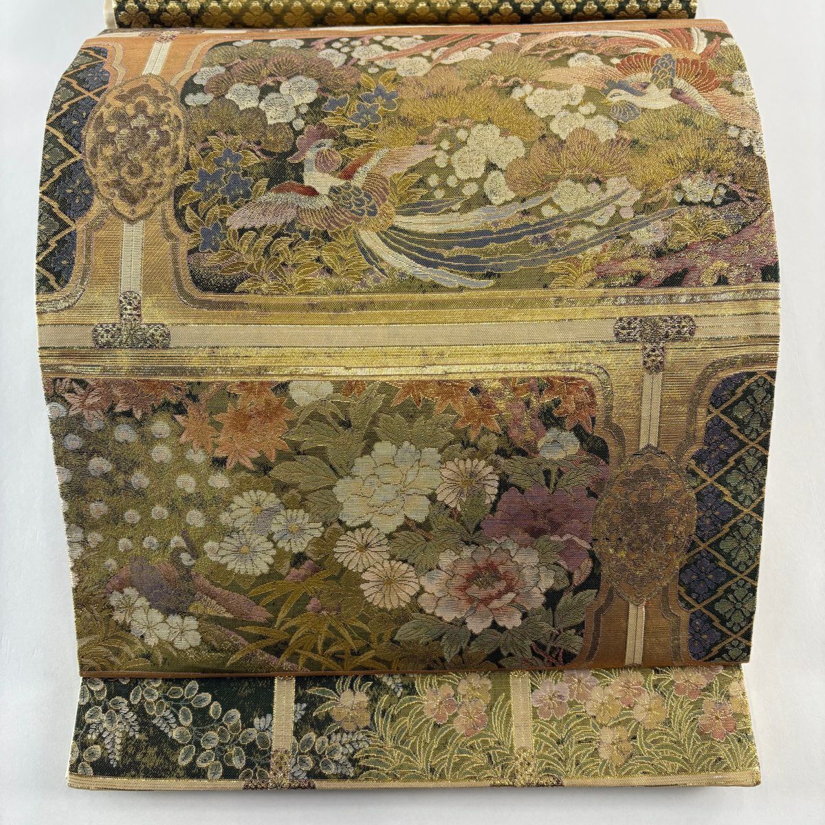 【美品】 袋帶 秀品級 證書齊全 御天井絢爛圖 金金箔 金色 大鼓圖案 純蠶絲