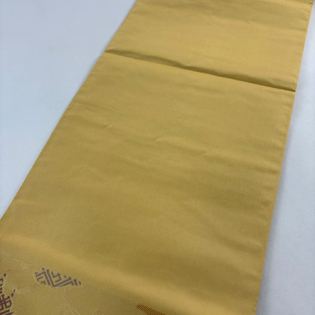 【美品】 袋帶 秀品級 草花紋紋 有職文樣 金金箔 淡黃土色 六通 純蠶絲