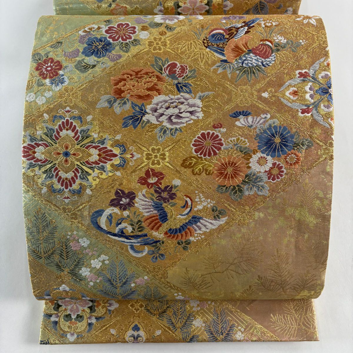 袋帶 秀品級 菱取花鳥紋 金絲 金金箔 金色 六通 純蠶絲