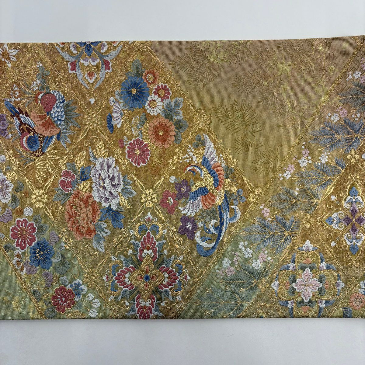 袋帶 秀品級 菱取花鳥紋 金絲 金金箔 金色 六通 純蠶絲