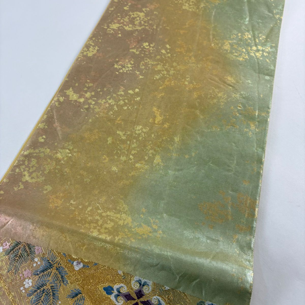 袋帶 秀品級 菱取花鳥紋 金絲 金金箔 金色 六通 純蠶絲