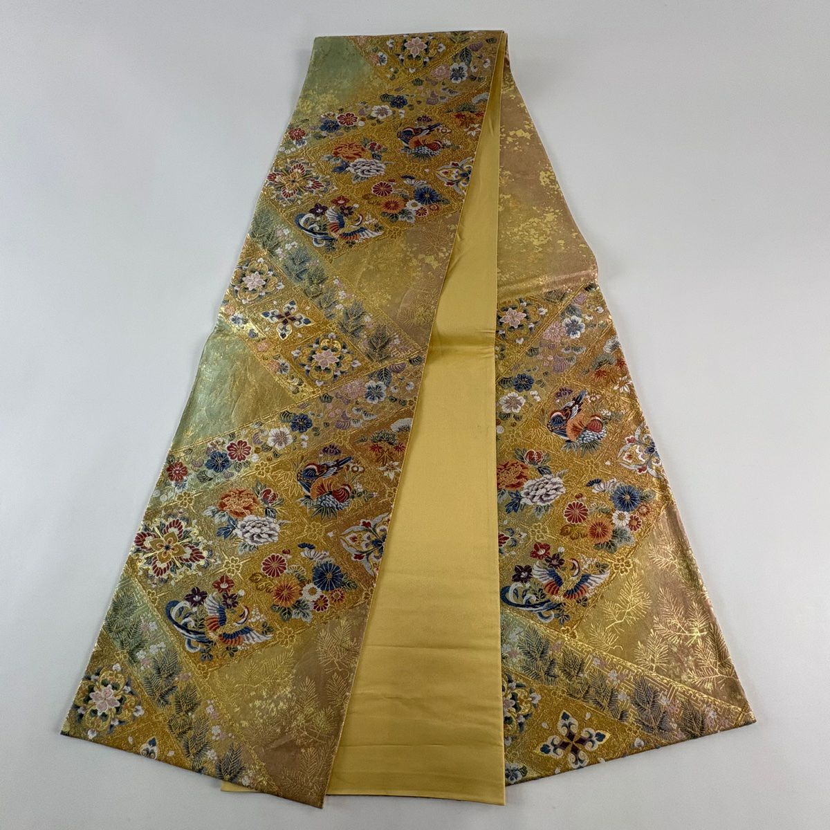 袋帶 秀品級 菱取花鳥紋 金絲 金金箔 金色 六通 純蠶絲