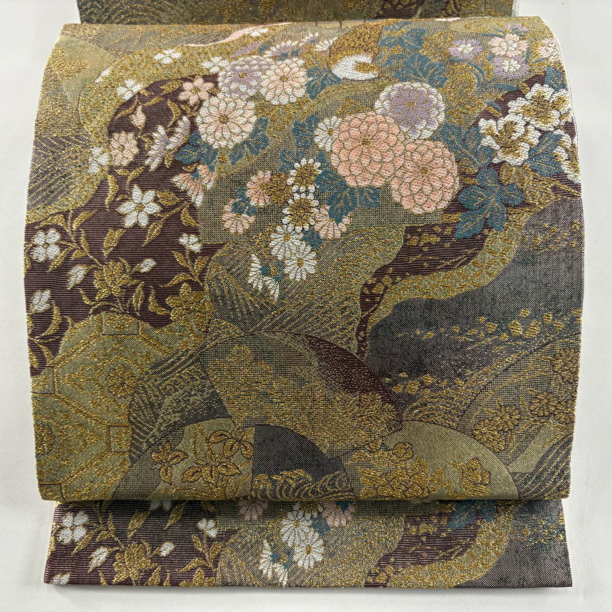 【美品】 袋帶 秀品級 菊花花 扇子面 金絲 金金箔 紅紫 六通 純蠶絲